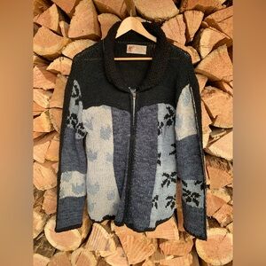 Unique Vintage Nordic XL Fair Isle Dark Zip Up Knit Sweater Grandpa Oversize 90s
